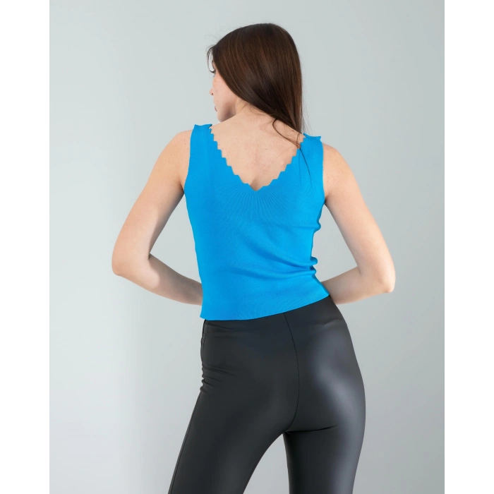 Mavi Merdiven Yaka Kalın Askı Crop Bluz