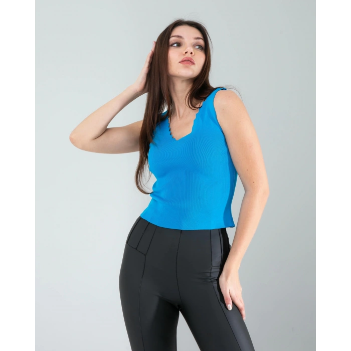 Mavi Merdiven Yaka Kalın Askı Crop Bluz