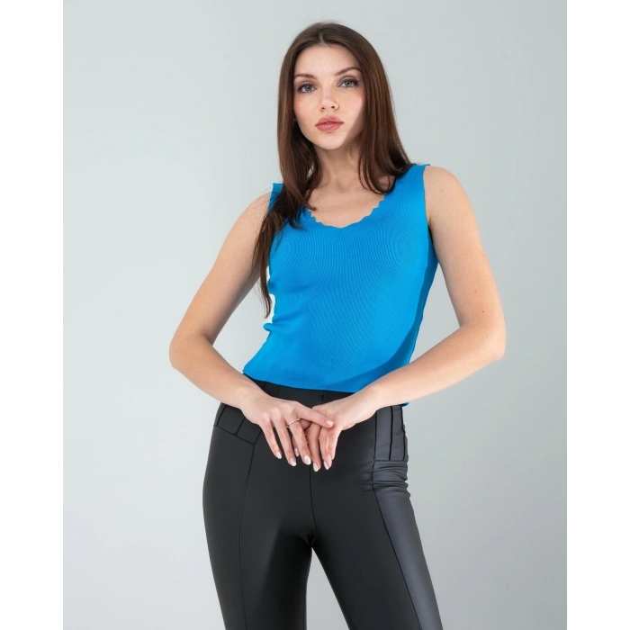 Mavi Merdiven Yaka Kalın Askı Crop Bluz