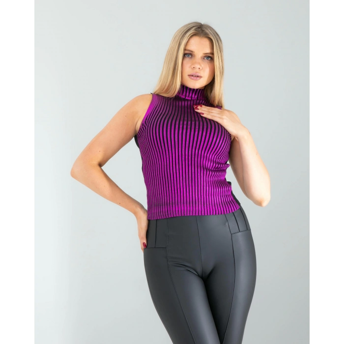 Mor Bisiklet Yaka Varaklı Triko