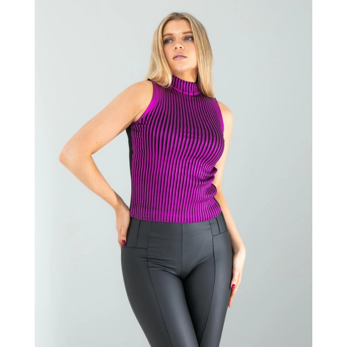 Mor Bisiklet Yaka Varaklı Triko