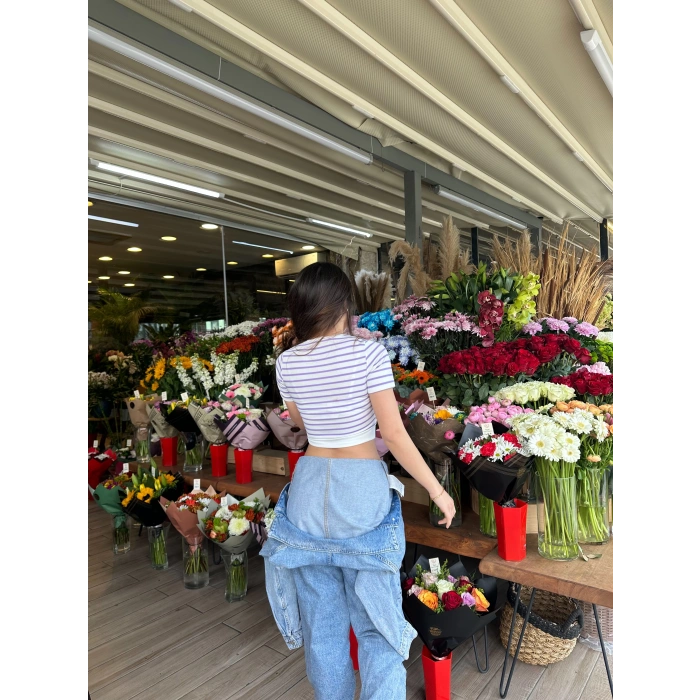 Mor Çizgili Manşet Detay T-Shirt