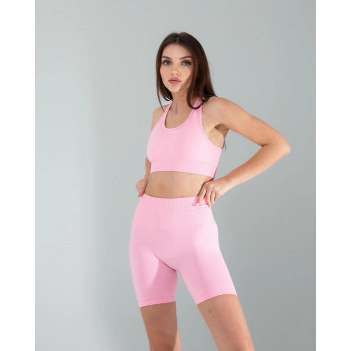 Pembe Seamless Dikişsiz Biker Tayt Crop Takım