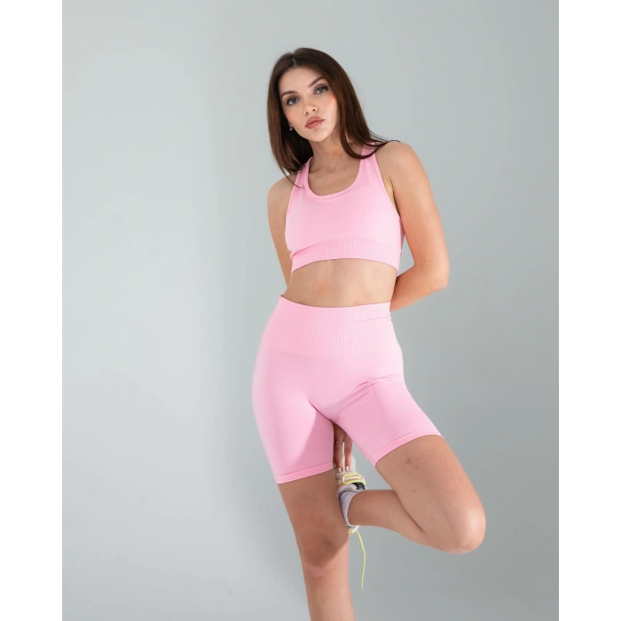 Pembe Seamless Dikişsiz Biker Tayt Crop Takım