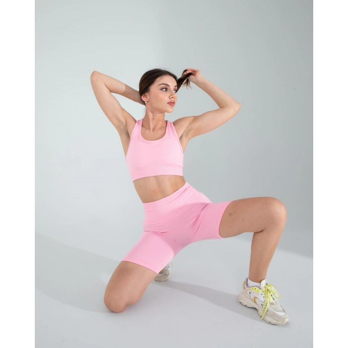 Pembe Seamless Dikişsiz Biker Tayt Crop Takım
