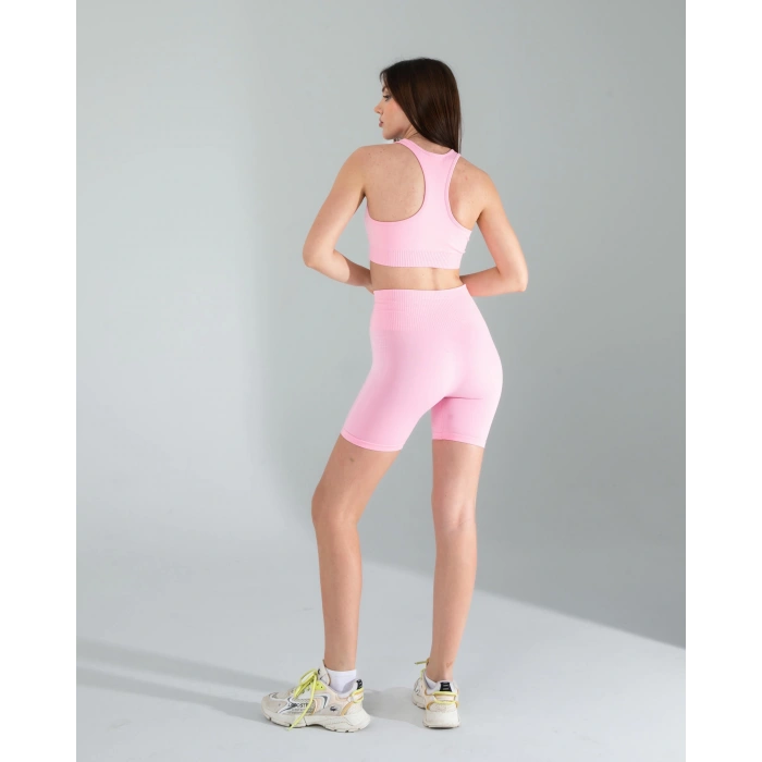 Pembe Seamless Dikişsiz Biker Tayt Crop Takım
