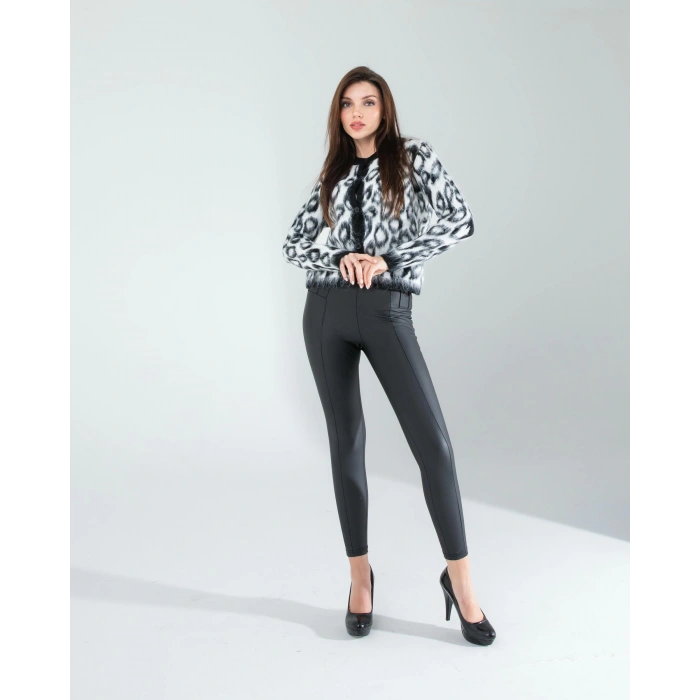 Siyah Beyaz Leopar Desen Sakal Triko Hırka