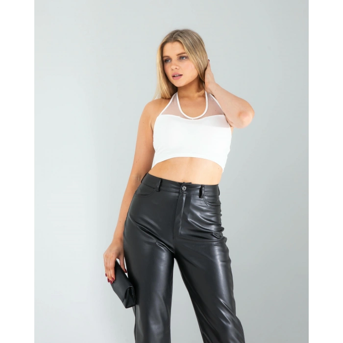 Tül Detay Boyundan Bağlamalı Askılı Bluz