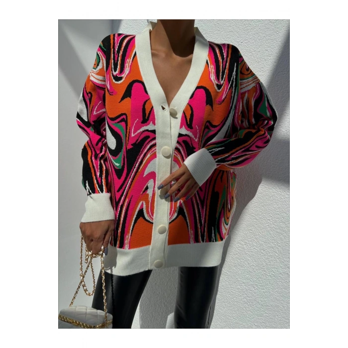 V Yaka Düğmeli Oversize Ebruli Desen Hırka