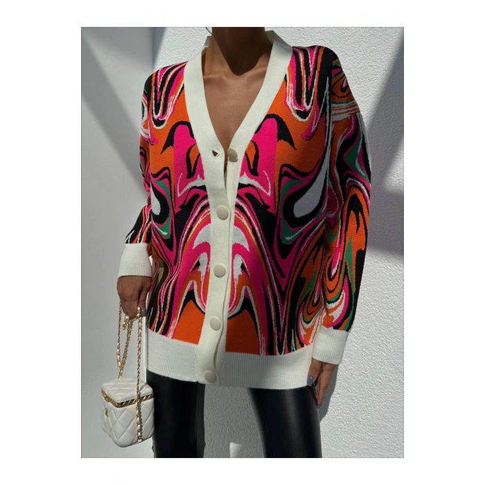 V Yaka Düğmeli Oversize Ebruli Desen Hırka