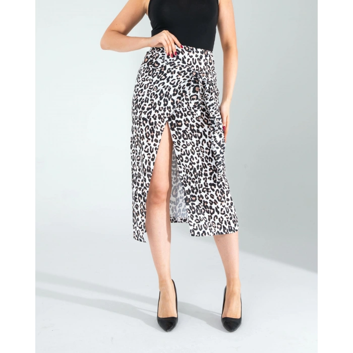 Yandan Büzgülü Leopar Desenli Saten Etek