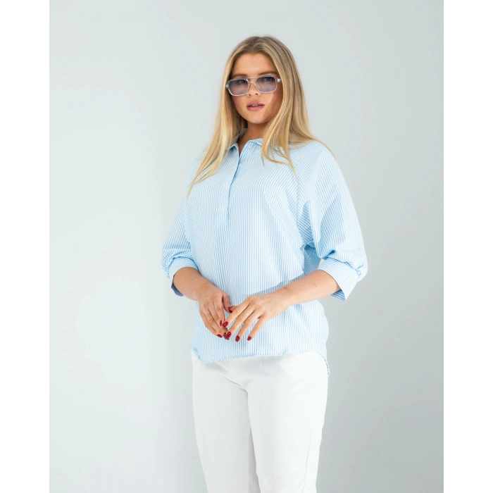 Yarım Düğme Mavi Çizgili Beyaz Gömlek