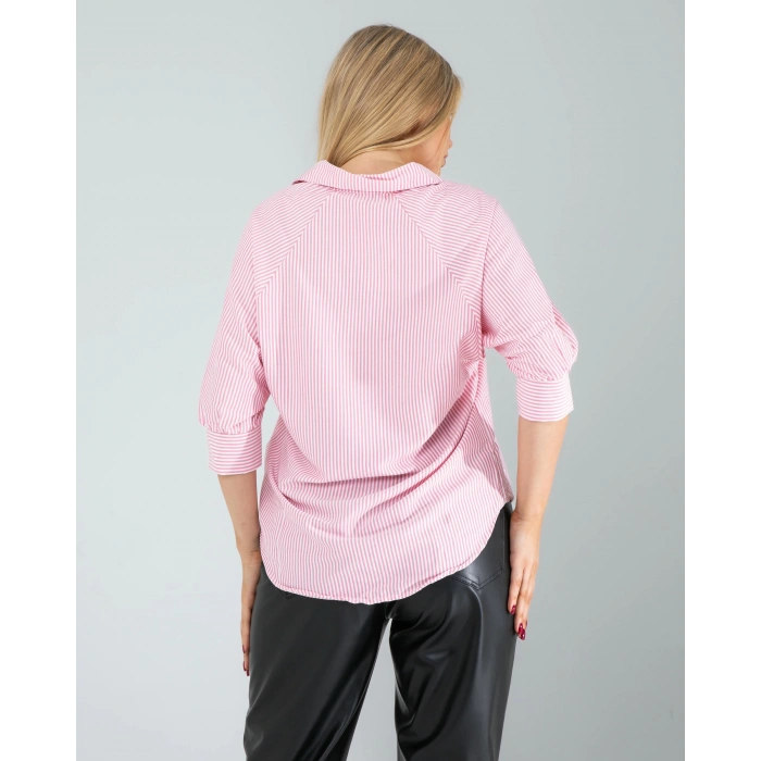 Yarım Düğme Pembe Çizgili Beyaz Gömlek