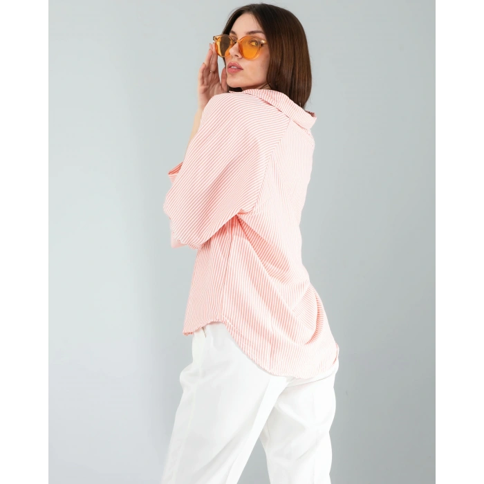 Yarım Düğme Turuncu Çizgili Beyaz Gömlek