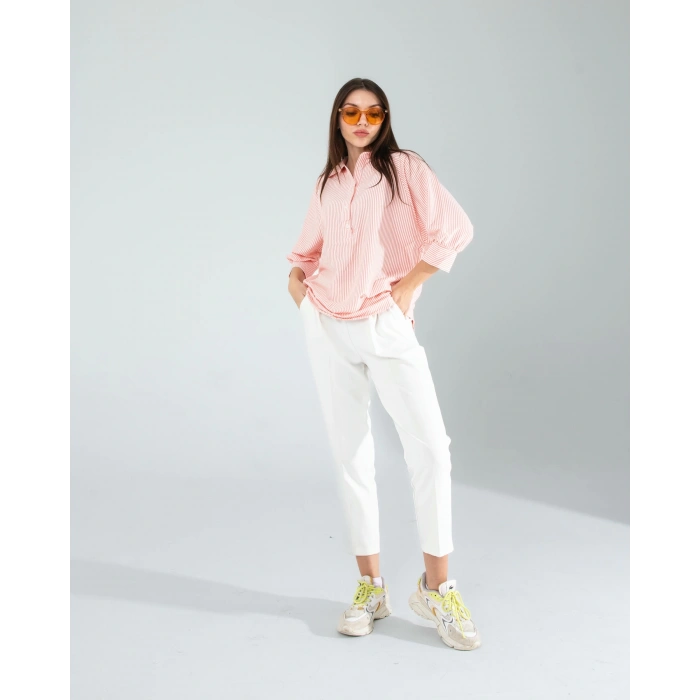 Yarım Düğme Turuncu Çizgili Beyaz Gömlek