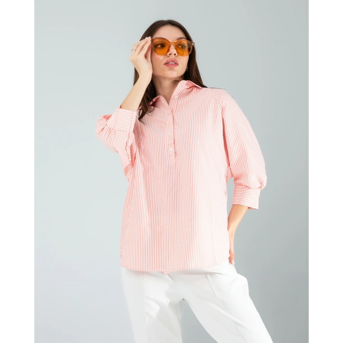 Yarım Düğme Turuncu Çizgili Beyaz Gömlek