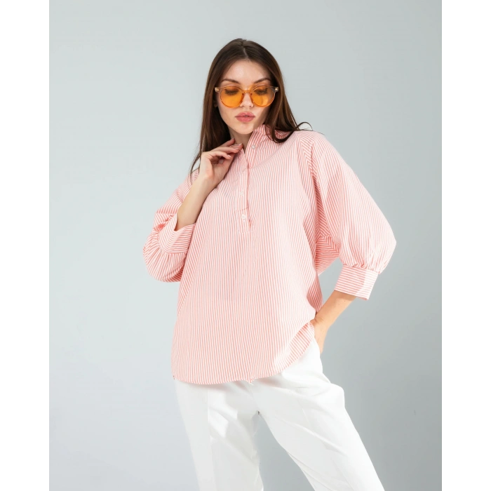 Yarım Düğme Turuncu Çizgili Beyaz Gömlek