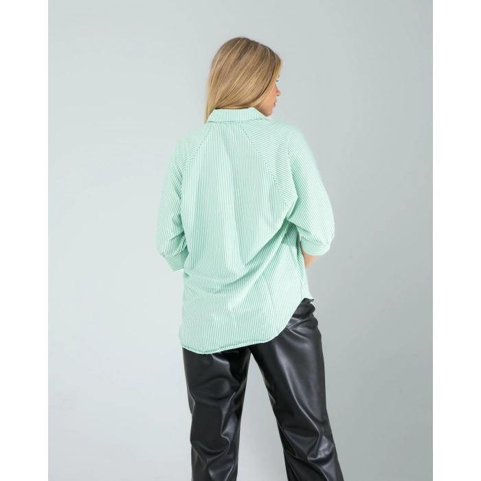 Yarım Düğme Yeşil Çizgili Beyaz Gömlek