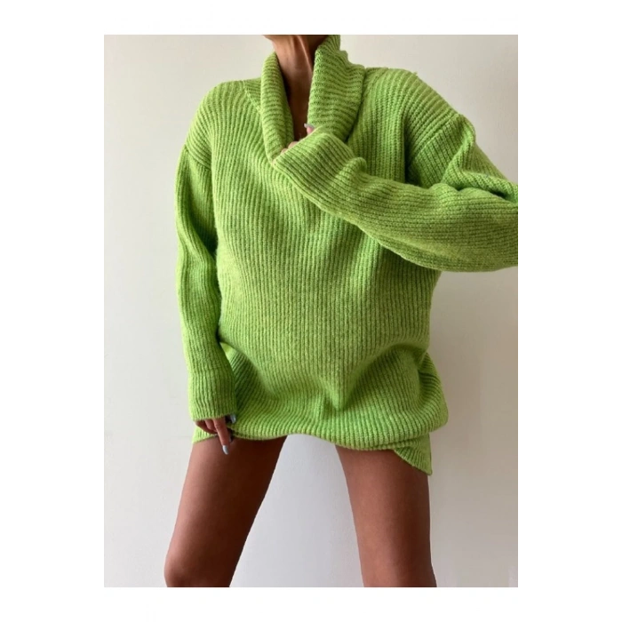 Yeşil Boğazlı Triko Elbise