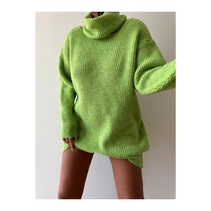Yeşil Boğazlı Triko Elbise