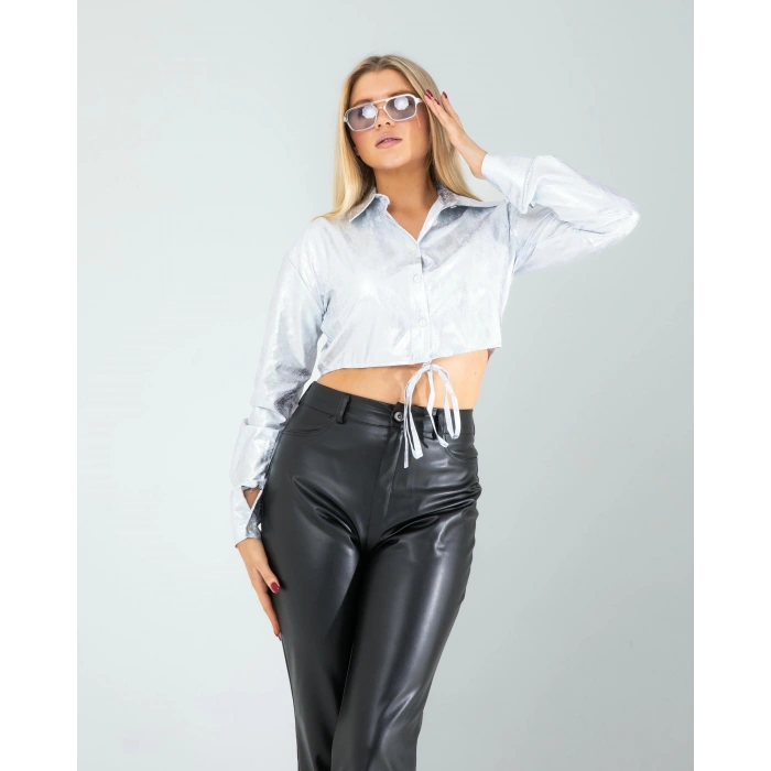 Gümüş Yılan Varaklı Beli Bağcıklı Gömlek