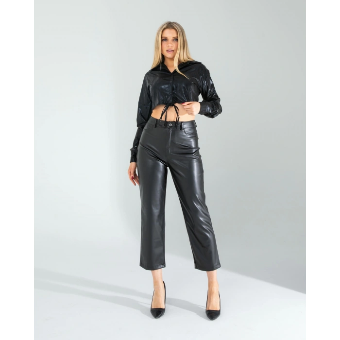 Siyah Yılan Varaklı Beli Bağcıklı Gömlek