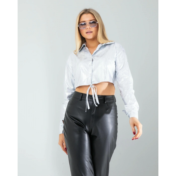 Gümüş Yılan Varaklı Beli Bağcıklı Gömlek