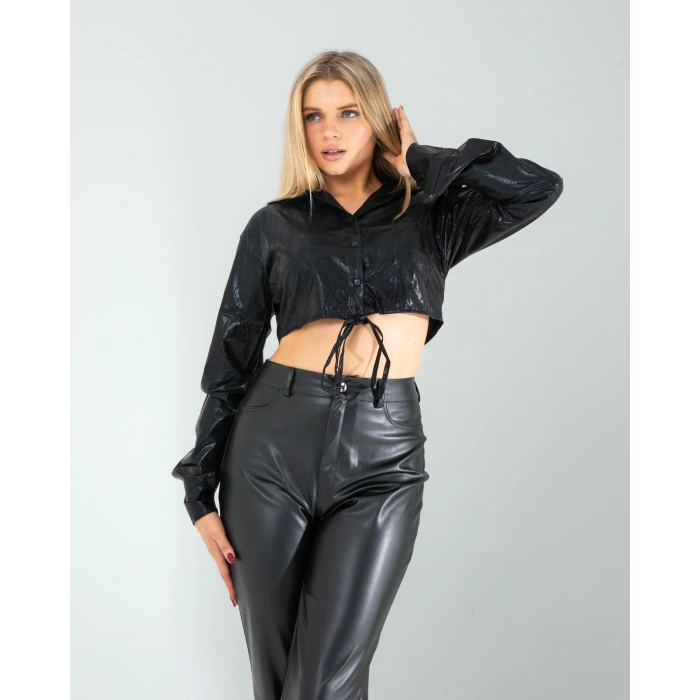 Siyah Yılan Varaklı Beli Bağcıklı Gömlek