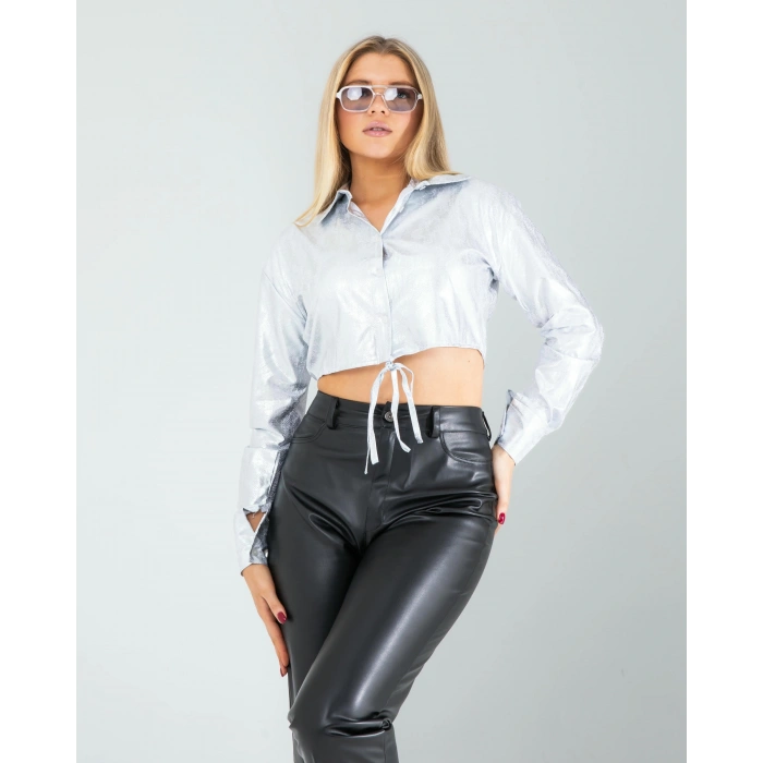 Gümüş Yılan Varaklı Beli Bağcıklı Gömlek