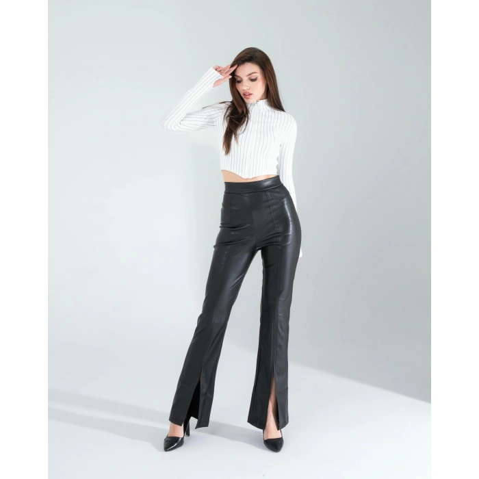 Yırtmaçlı Deri Pantolon