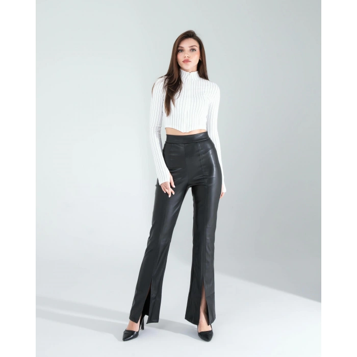 Yırtmaçlı Deri Pantolon