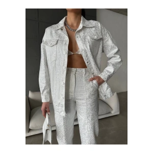 Gümüş Varaklı Beyaz Gabardin Takım