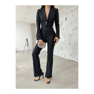 Siyah İspanyol Kollu İtalyan Çizgili Takım