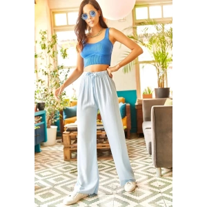 Kuşaklı Açık Mavi Dokuma Viscon Palazzo Pantolon