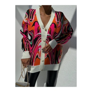 V Yaka Düğmeli Oversize Ebruli Desen Hırka