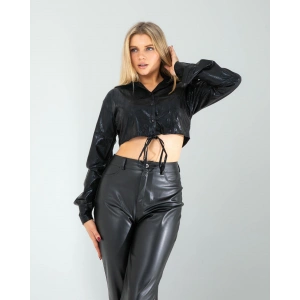 Siyah Yılan Varaklı Beli Bağcıklı Gömlek