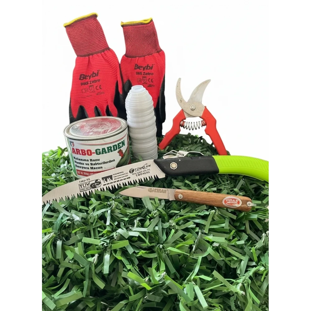 Bitki Aşılama Seti 6 Parça- Aşılama Bağı 25m+ Macunu 500gr+ Çakısı+ Budama Testeresi+ Budama Makası+ Eldiven 10
