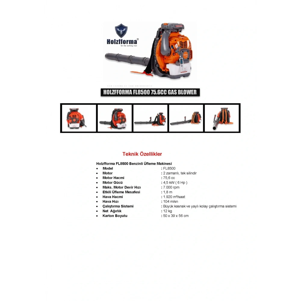 HOLZFFORMA FL8500 BENZİNLİ ÜFLEME MAKİNESİ 6 HP