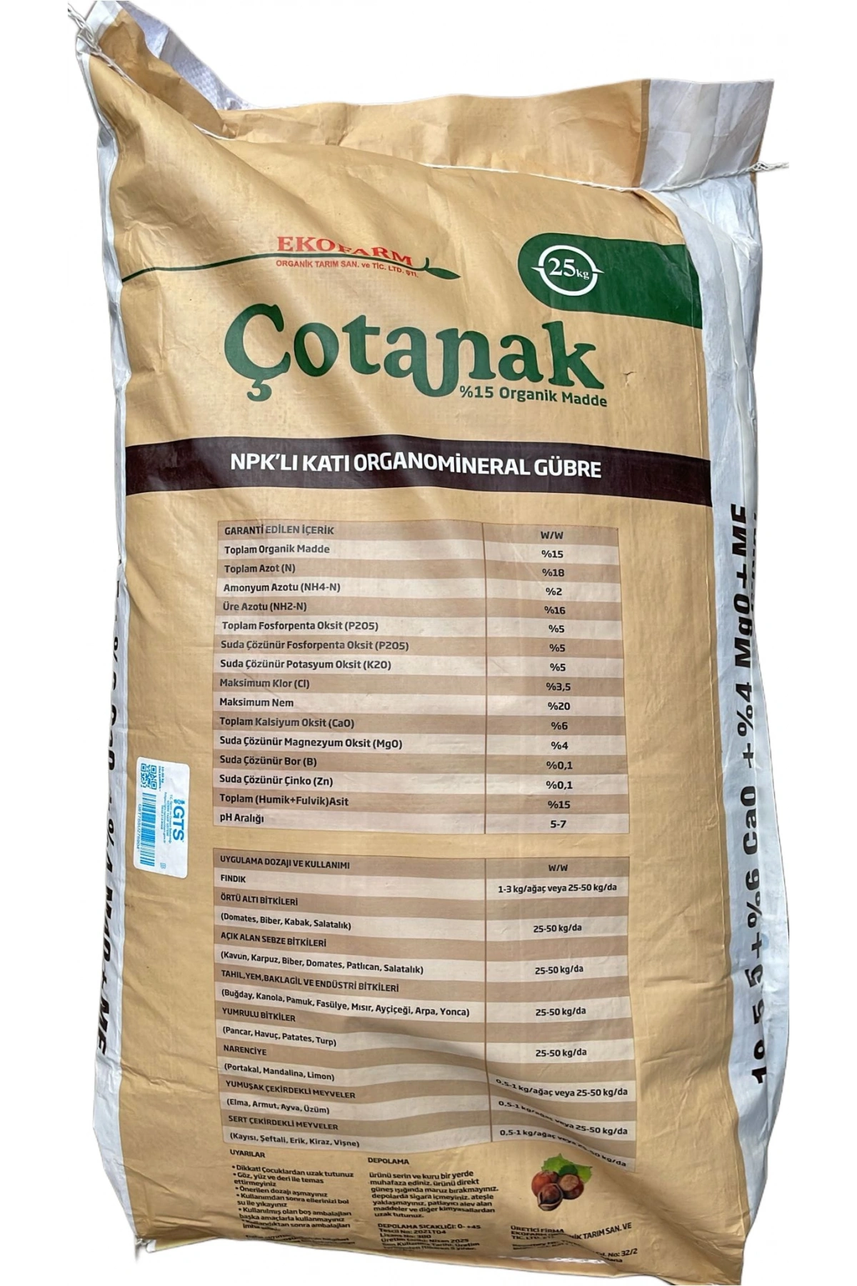 Çotanak 18-5-5+%6 Ca0+%4 Mg0+ME Organomineral Gübre 25kg