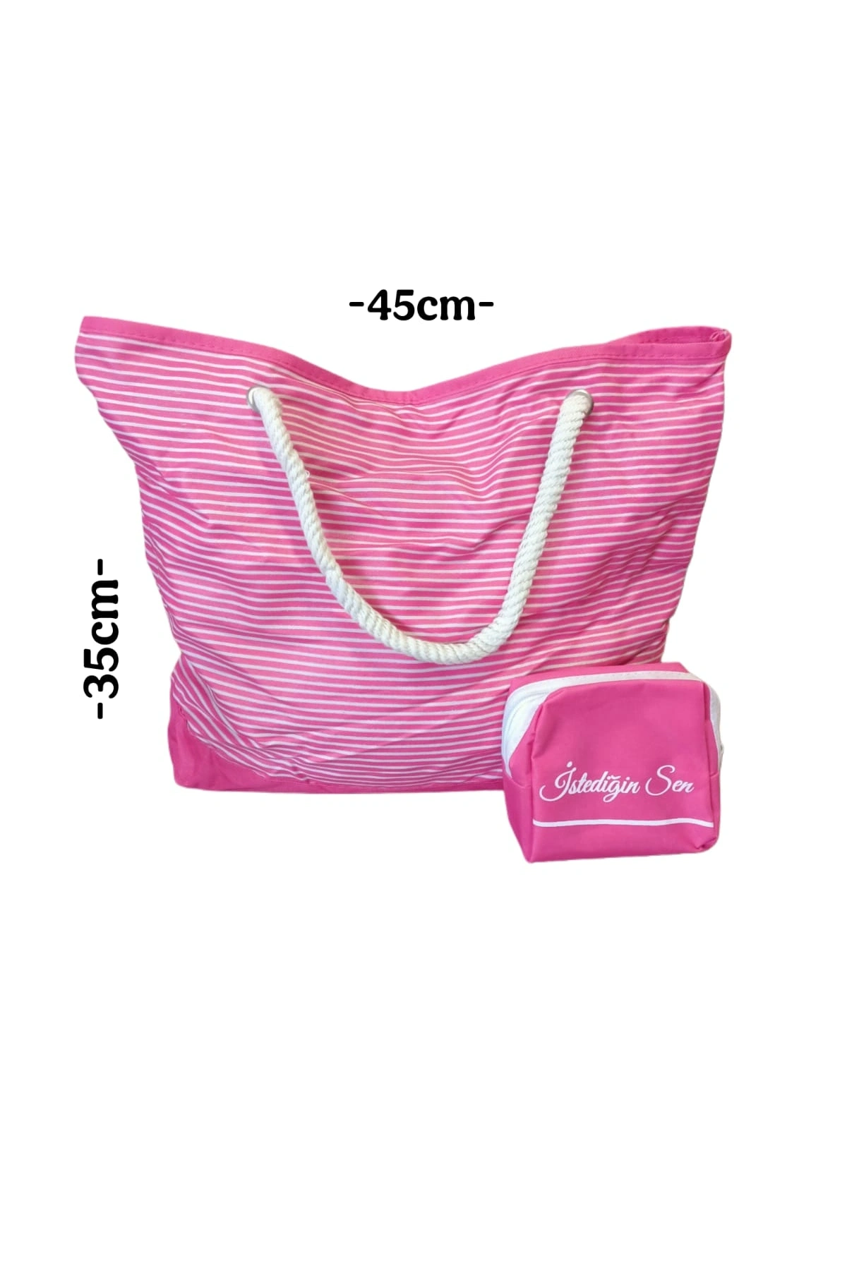 Plaj Çantası Pembe 45cm Makyaj Çantası Hediyeli