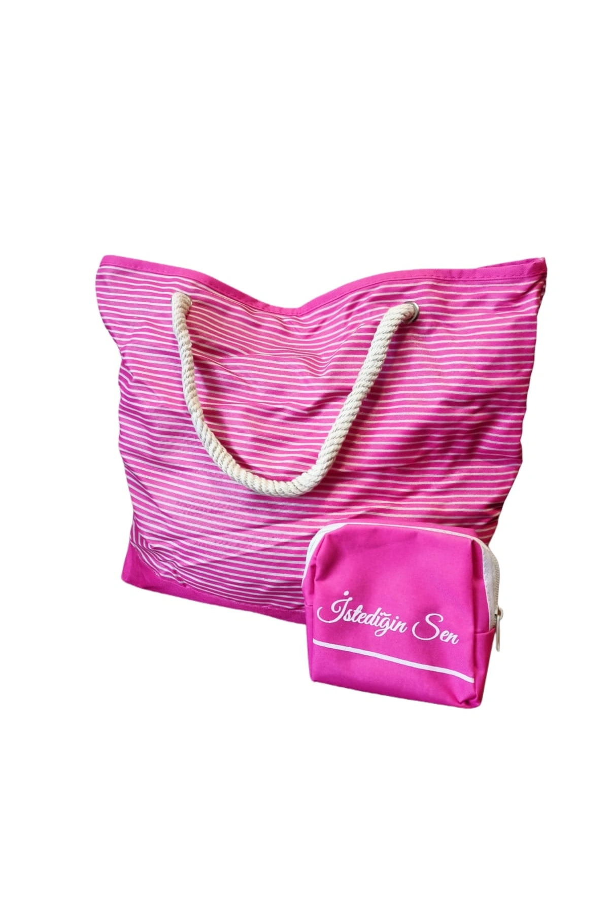 Plaj Çantası Pembe 45cm Makyaj Çantası Hediyeli