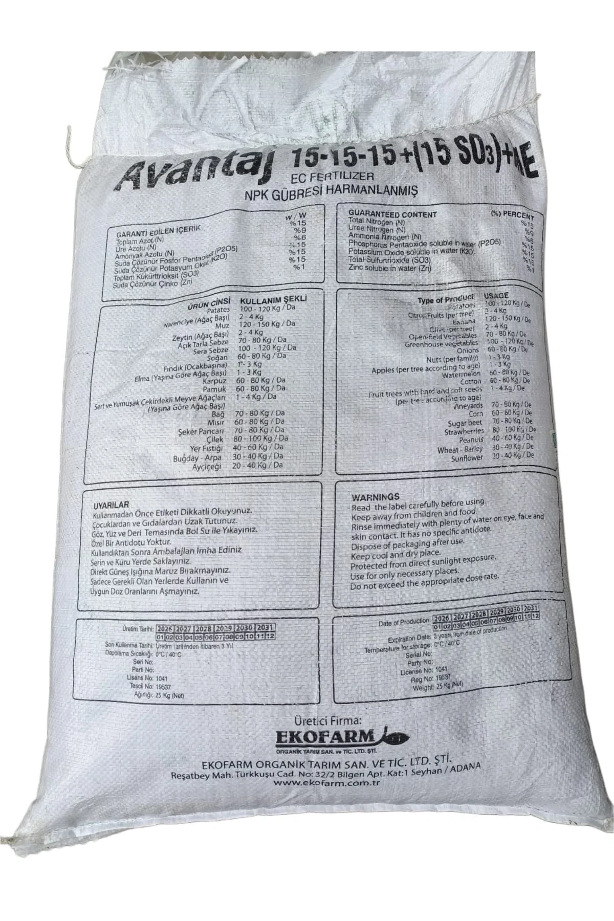 Avantaj 15-15-15 +(15 SO3)+ME NPK Gübresi Harmanlanmış 25 kg