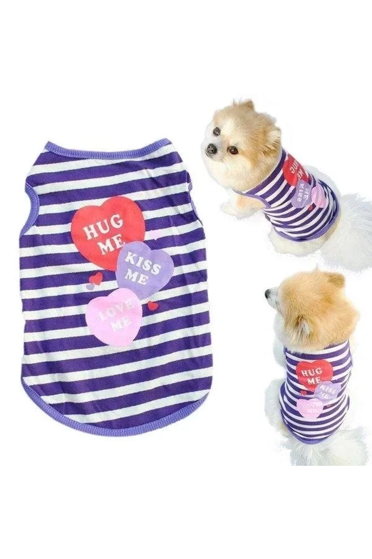 Kedi Köpek Elbisesi Kiss Me Desenli Kalpli Çizgili Kolsuz Giysi Kıyafet Hb1068