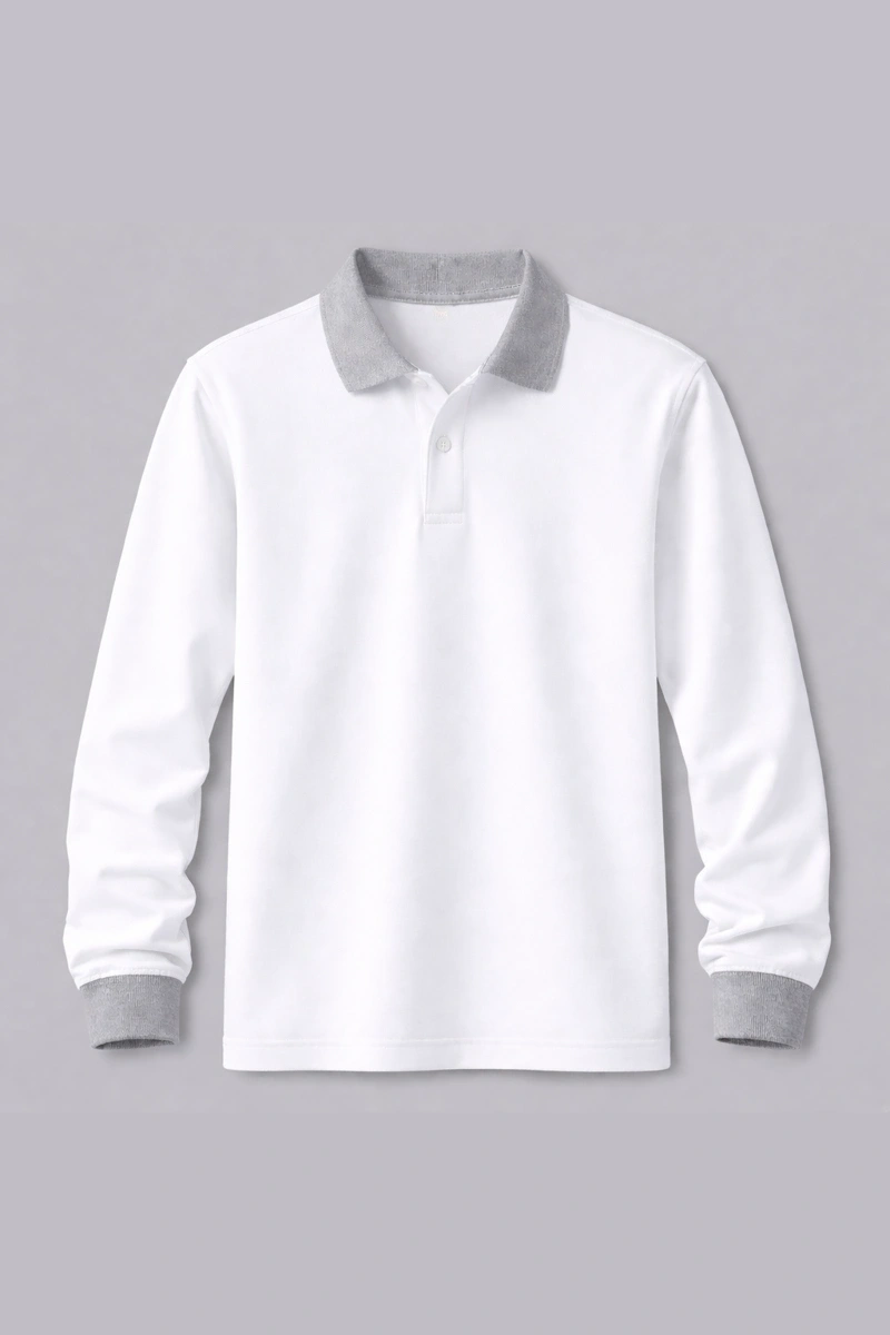 Gri Detaylı Beyaz Uzun Kollu Polo Yaka Tişört