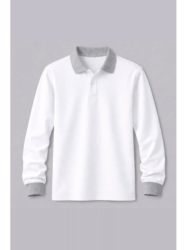 Gri Detaylı Beyaz Uzun Kollu Polo Yaka Tişört
