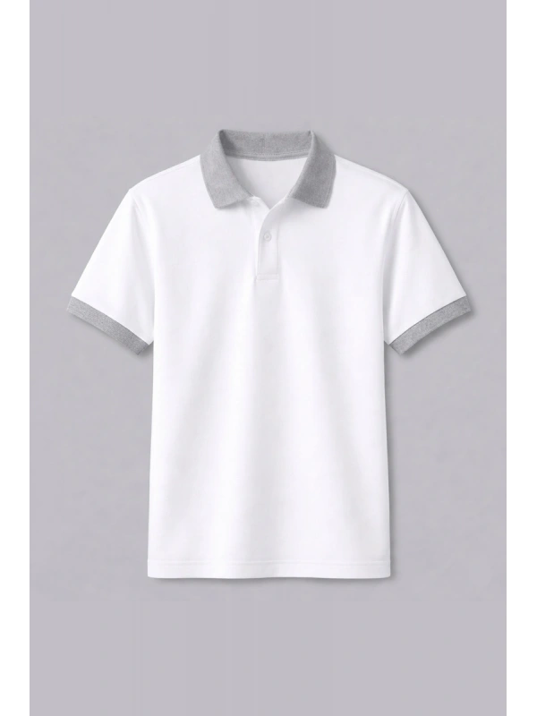 Gri Detaylı Beyaz Kısa Kollu Polo Yaka Tişört