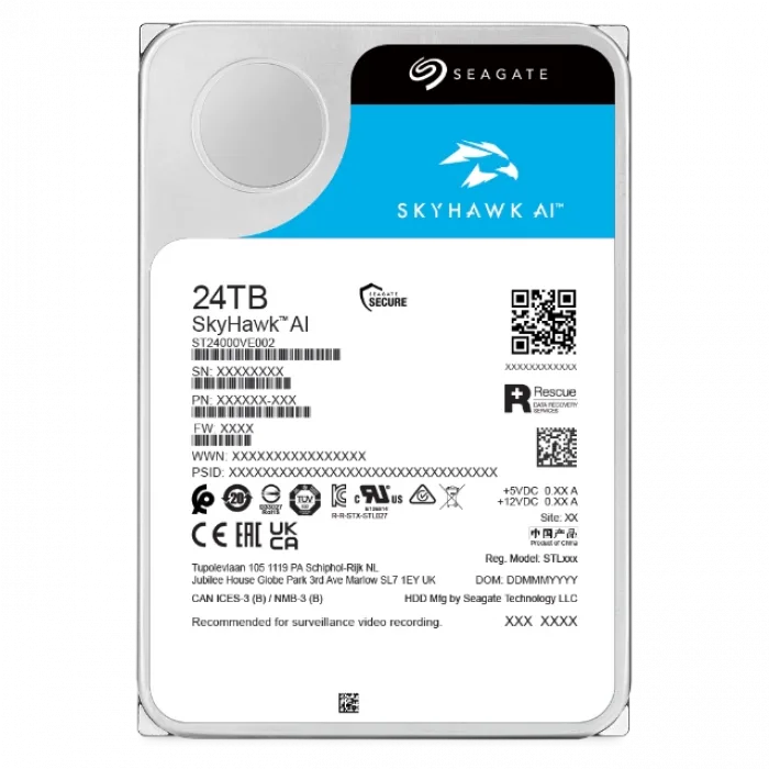 Seagate SkyHawk AI 24TB 3.5 512MB Cache SATA 3.0 Yapay Zeka Güvenlik Diski ST24000VE002