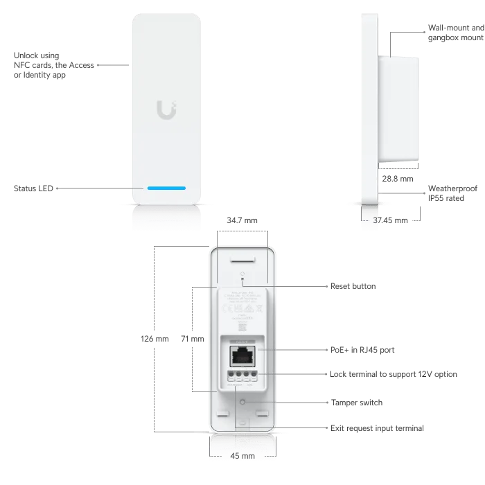 Ubiquiti UA Ultra | NFC Bluetooth Access Reader | UniFi Access Ultra, Bluetooth 4.2, IP55, PoE+
