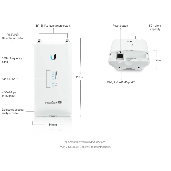 Ubiquiti UBNT airMAX Rocket AC Lite , R5AC-LITE 5 Ghz 450 Mbps PtP , PtMP Access Point