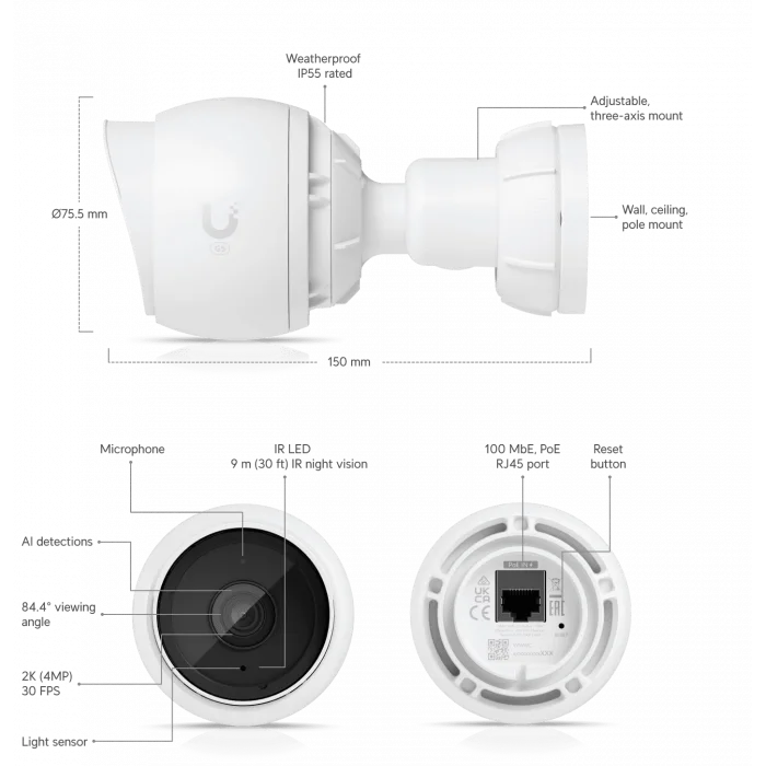 Ubiquiti UniFi Protect G5 Bullet Kamera | 4 MP 2K HD , İç/Dış Mekan PoE Güvenlik Kamerası